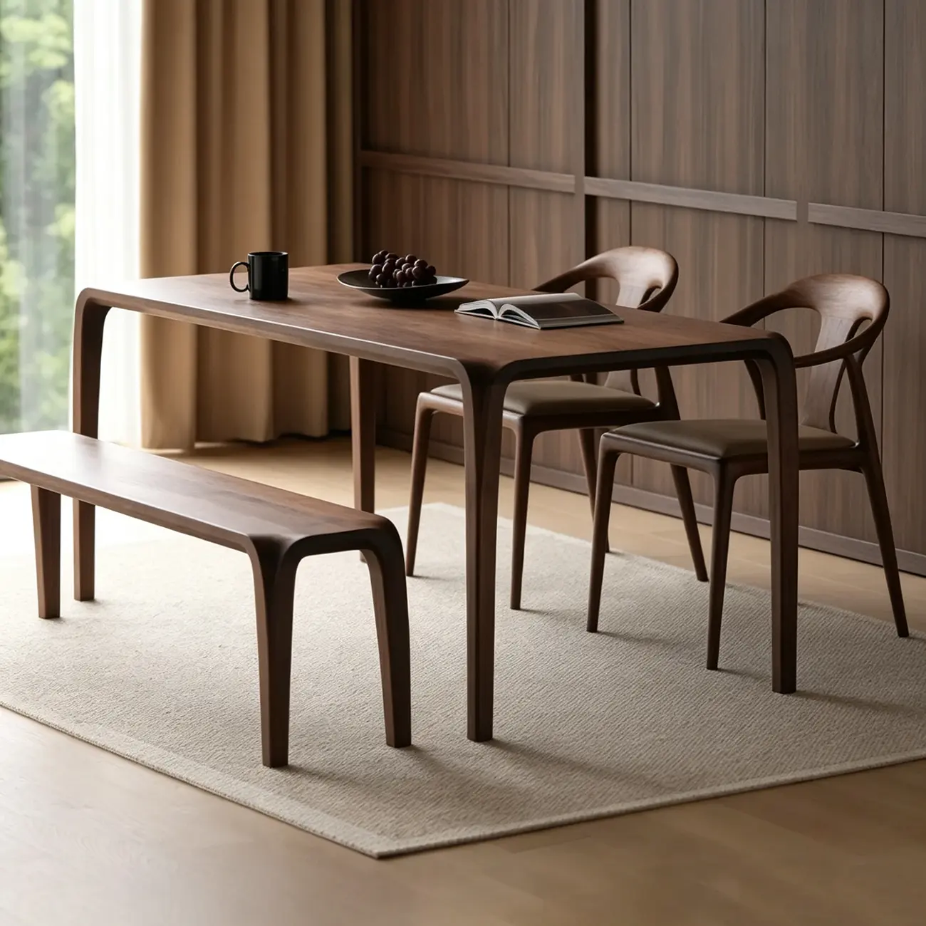 Minimalist Walnut Wood Rectangular Dining Table With Seamless Rounded Edges Image - 6 | homeyfad