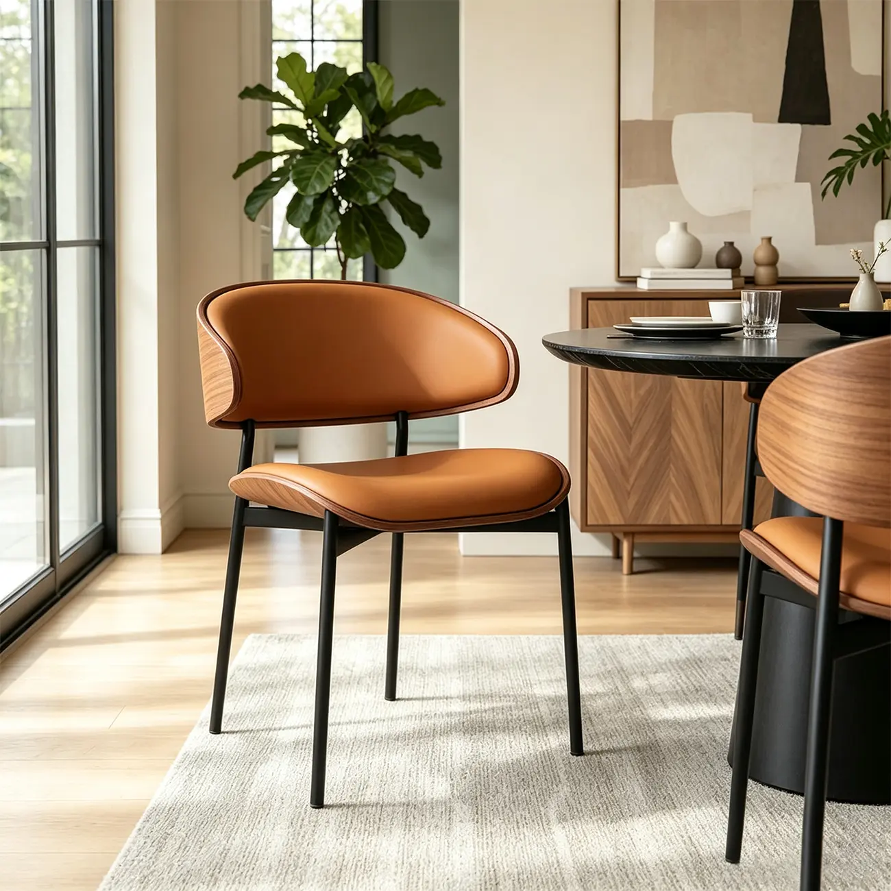 Modern Curced Back Dining Chair with Upholstered Faux Leather Image - 9 | homeyfad