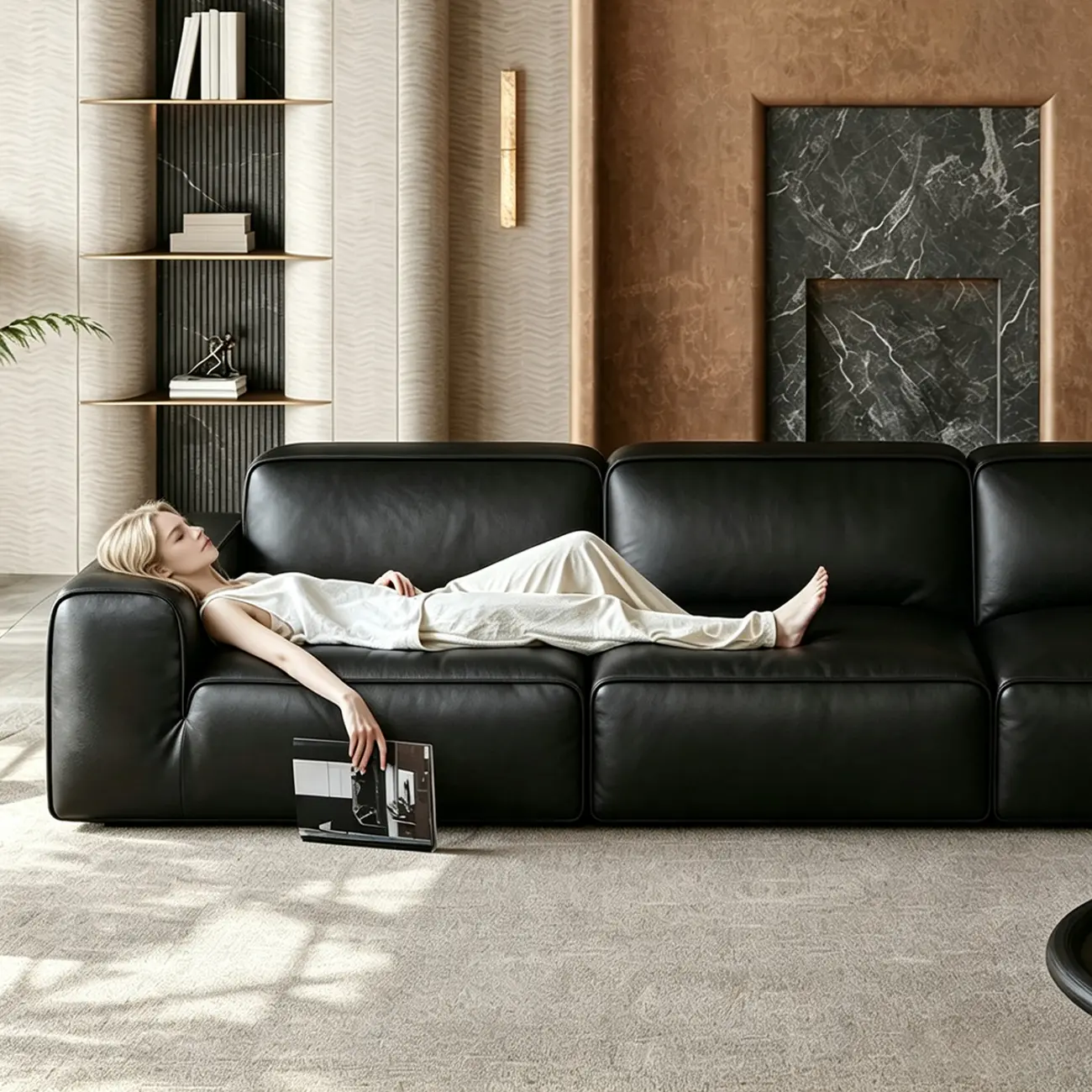 Modern Black Leather Modular Sofa with Extra-Deep Seating Image - 3 | homeyfad
