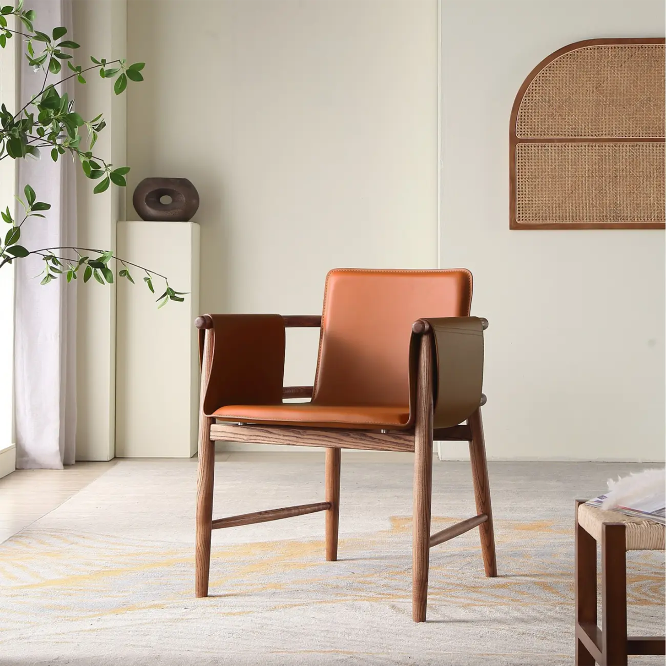 Brown Walnut Mid-century Faux Leather Arm Dining Chair With Solid Ash Wood Frame Image - 11 | homeyfad