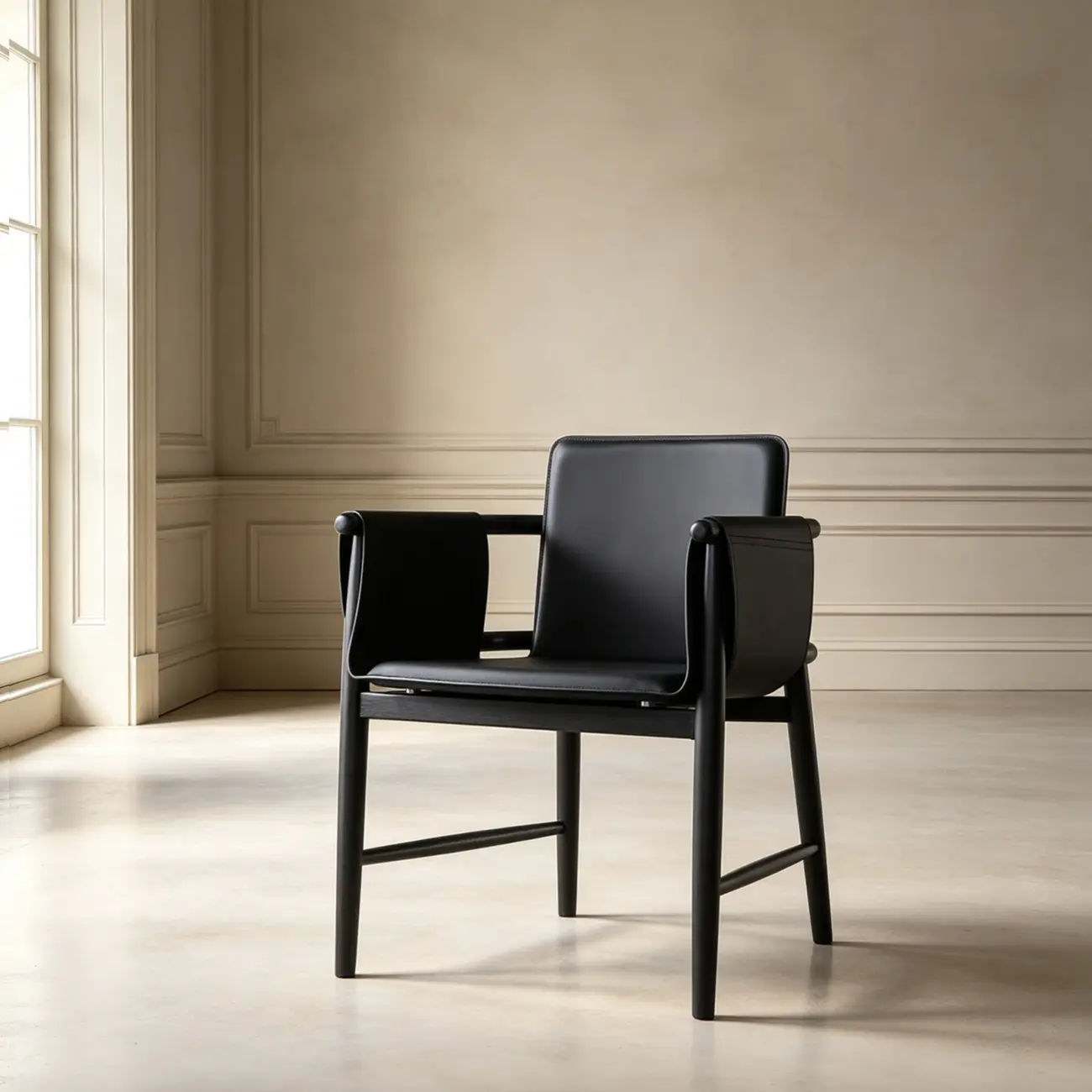 Black Black Mid-century Faux Leather Arm Dining Chair With Solid Ash Wood Frame Image - 12 | homeyfad