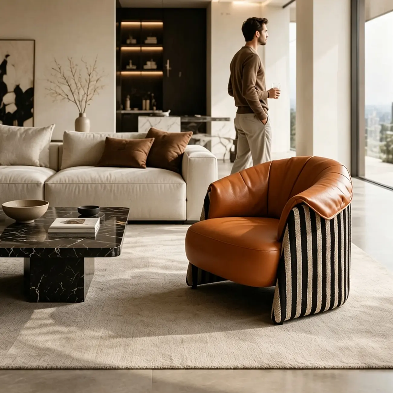 Modern Vintage Brown Top-Grain Leather Barrel Accent Chair Image - 6 | homeyfad