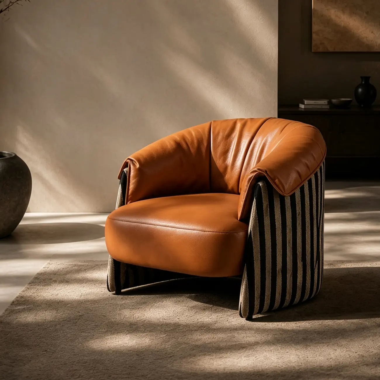 Modern Vintage Brown Top-Grain Leather Barrel Accent Chair Image - 3 | homeyfad