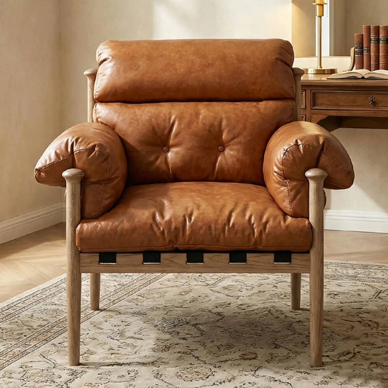 Retro Oil-wax Leather Solid Wood Armchair With Down-filled Cushions Image - 13 | homeyfad