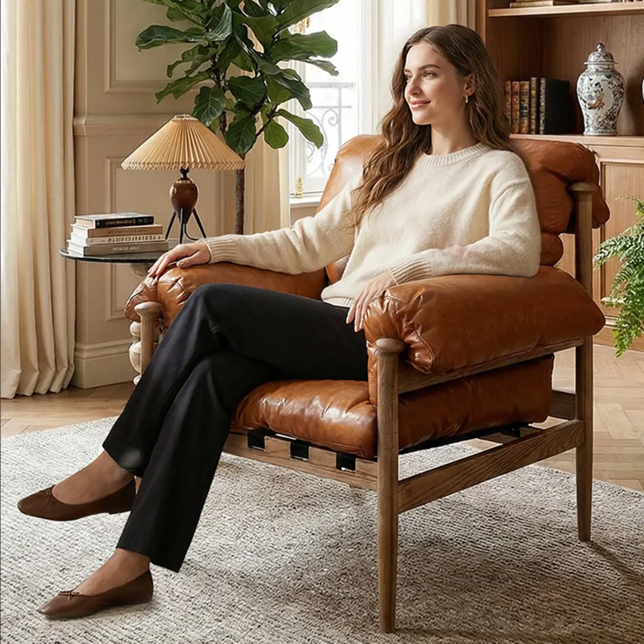 Retro Oil-wax Leather Solid Wood Armchair With Down-filled Cushions Image - 12 | homeyfad