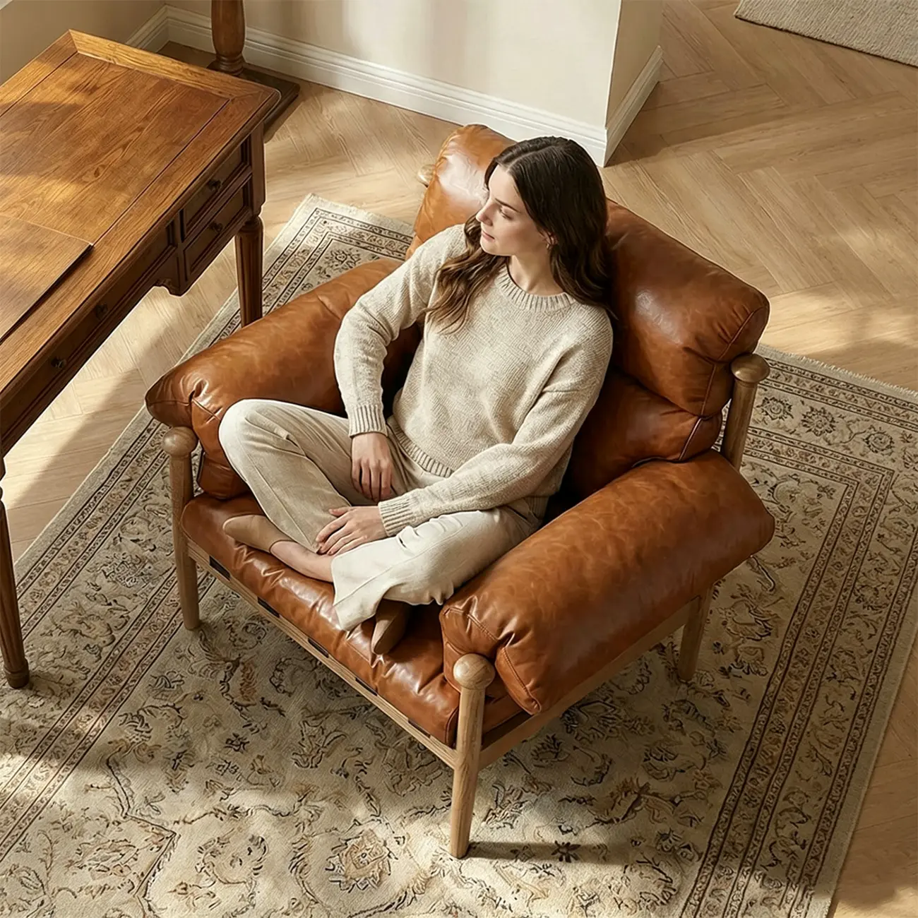 Retro Oil-wax Leather Solid Wood Armchair With Down-filled Cushions Image - 14 | homeyfad
