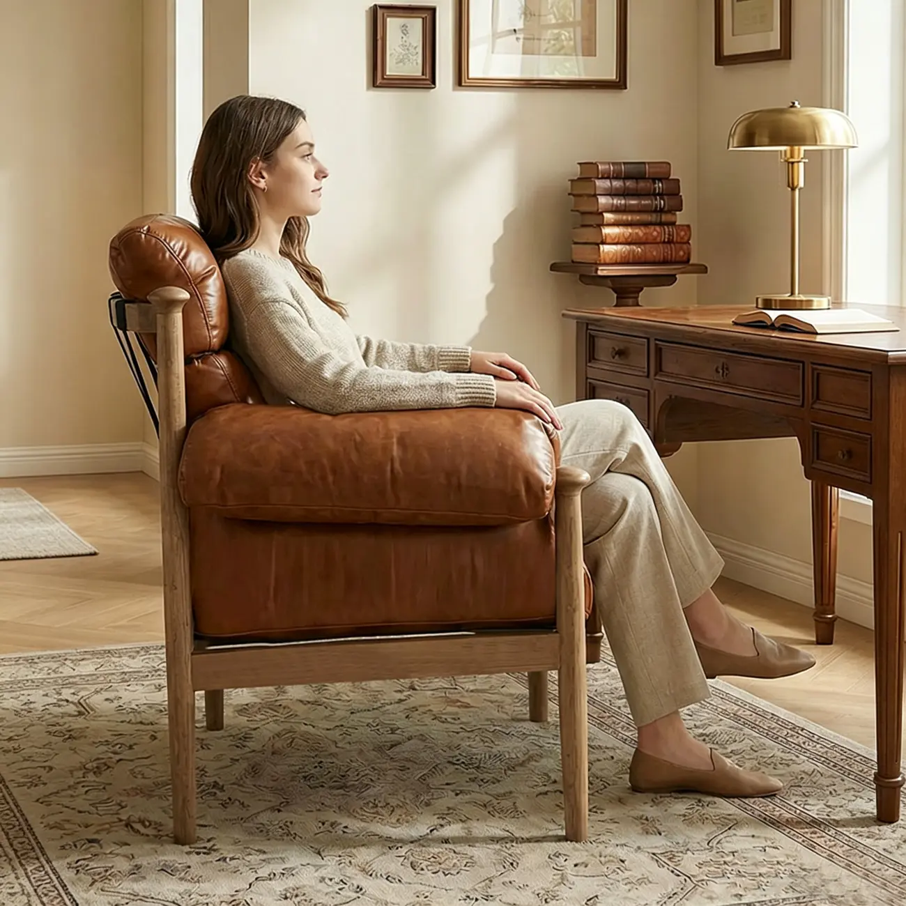 Retro Oil-wax Leather Solid Wood Armchair With Down-filled Cushions Image - 17 | homeyfad