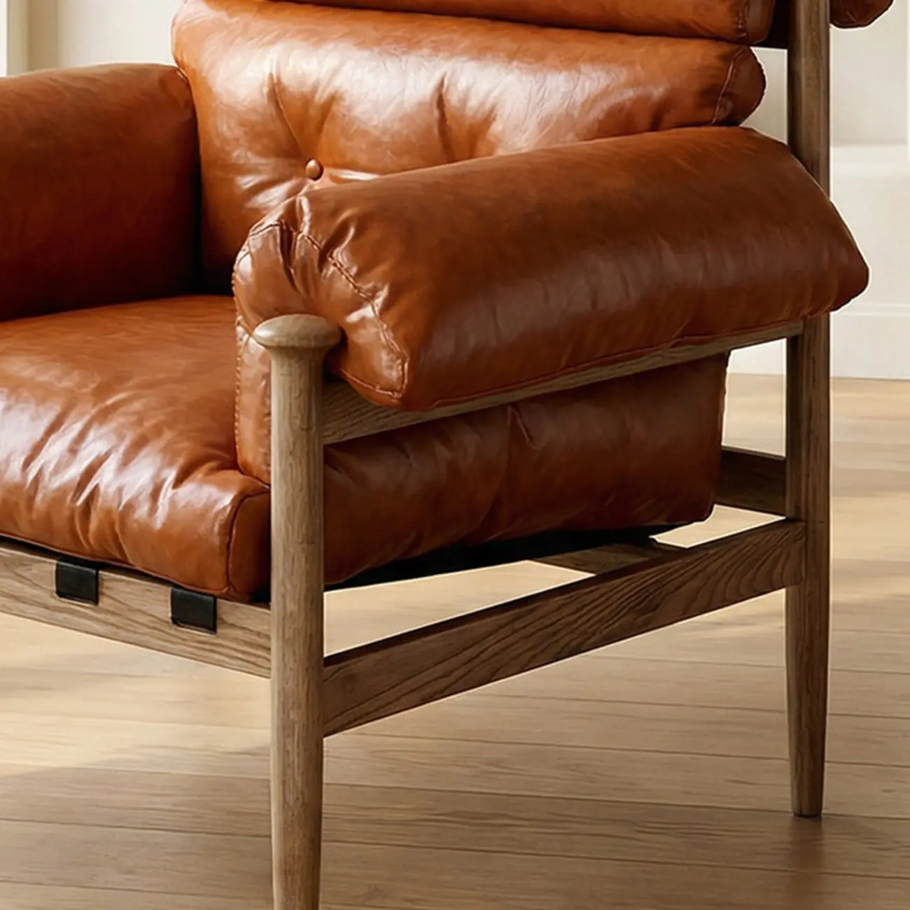 Retro Oil-wax Leather Solid Wood Armchair With Down-filled Cushions Image - 20 | homeyfad