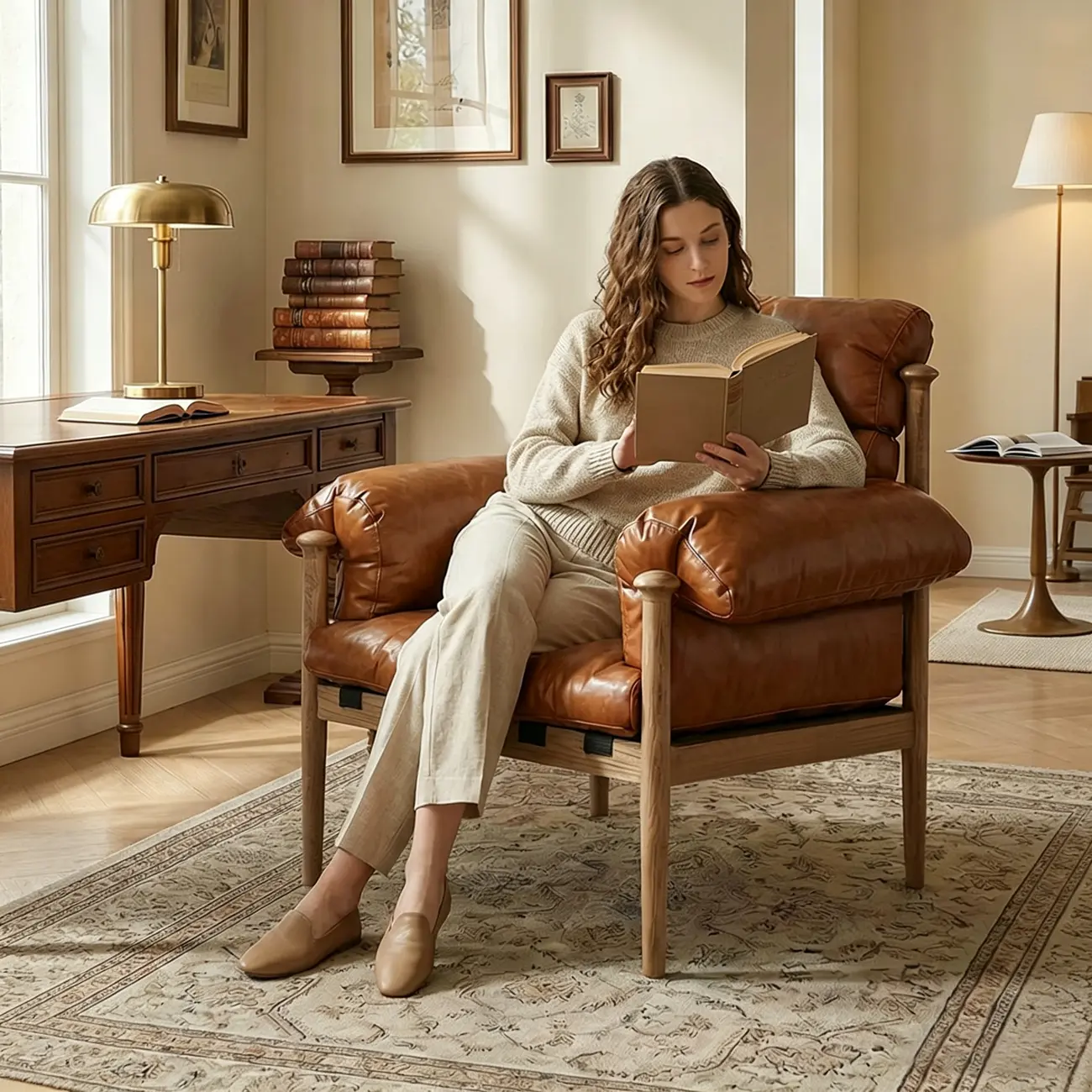 Retro Oil-wax Leather Solid Wood Armchair With Down-filled Cushions Image - 11 | homeyfad