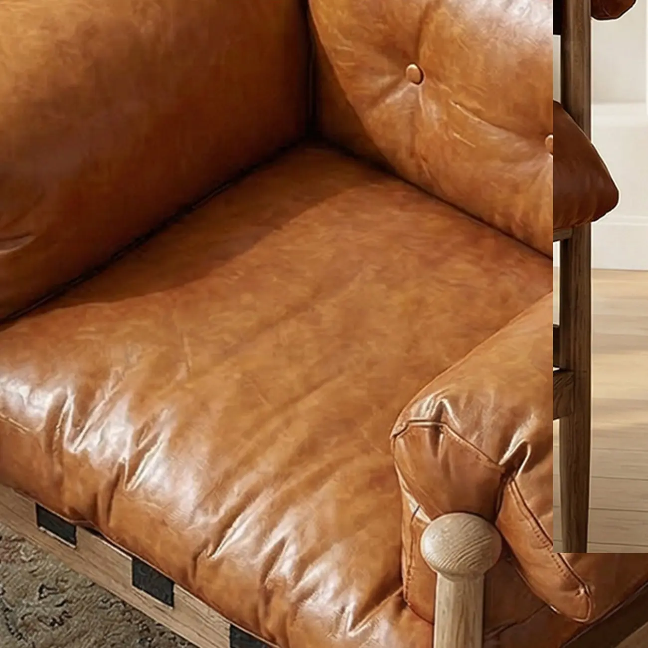 Retro Oil-wax Leather Solid Wood Armchair With Down-filled Cushions Image - 21 | homeyfad