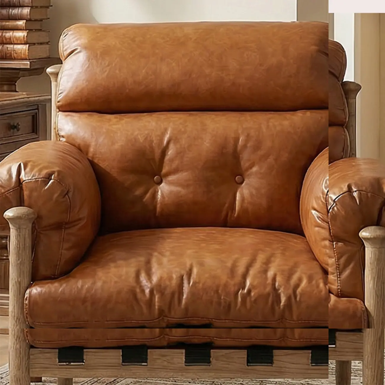 Retro Oil-wax Leather Solid Wood Armchair With Down-filled Cushions Image - 22 | homeyfad