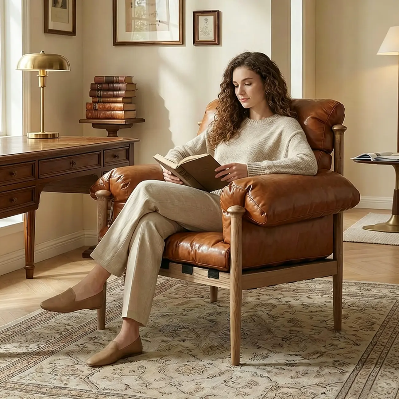 Retro Oil-wax Leather Solid Wood Armchair With Down-filled Cushions Image - 4 | homeyfad