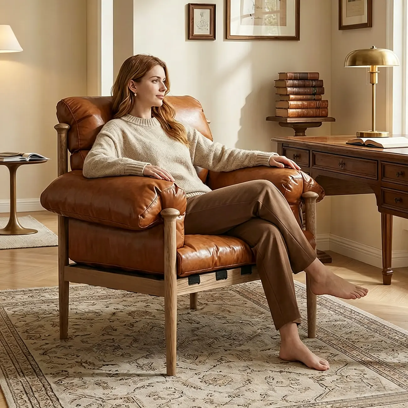Retro Oil-wax Leather Solid Wood Armchair With Down-filled Cushions Image - 16 | homeyfad