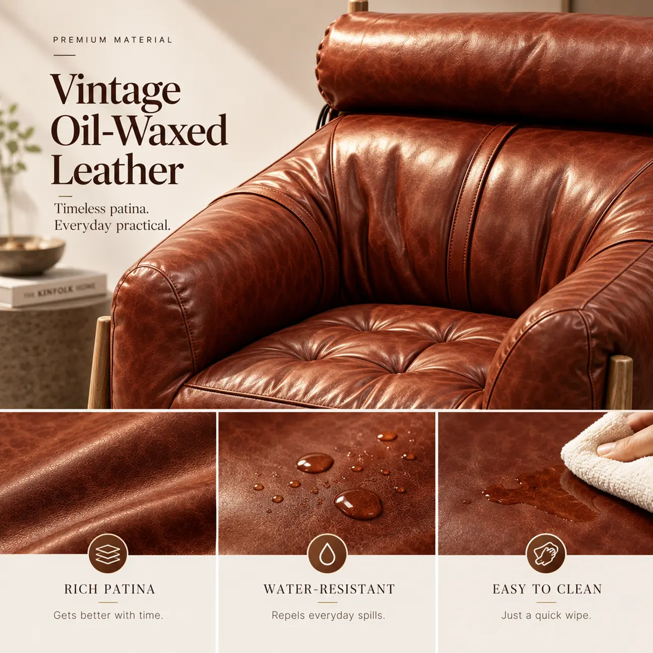 Vintage Oil-waxed Leather Lounge Chair With Solid Wood Frame Image - 5 | homeyfad