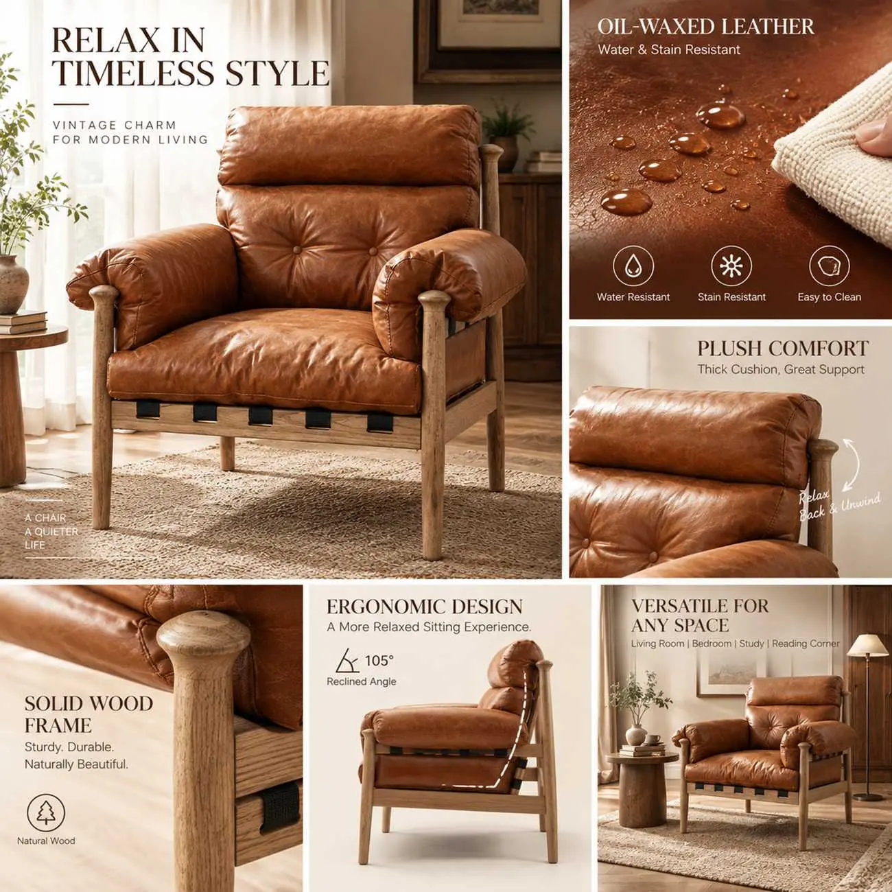 Retro Oil-wax Leather Solid Wood Armchair With Down-filled Cushions Image - 5 | homeyfad