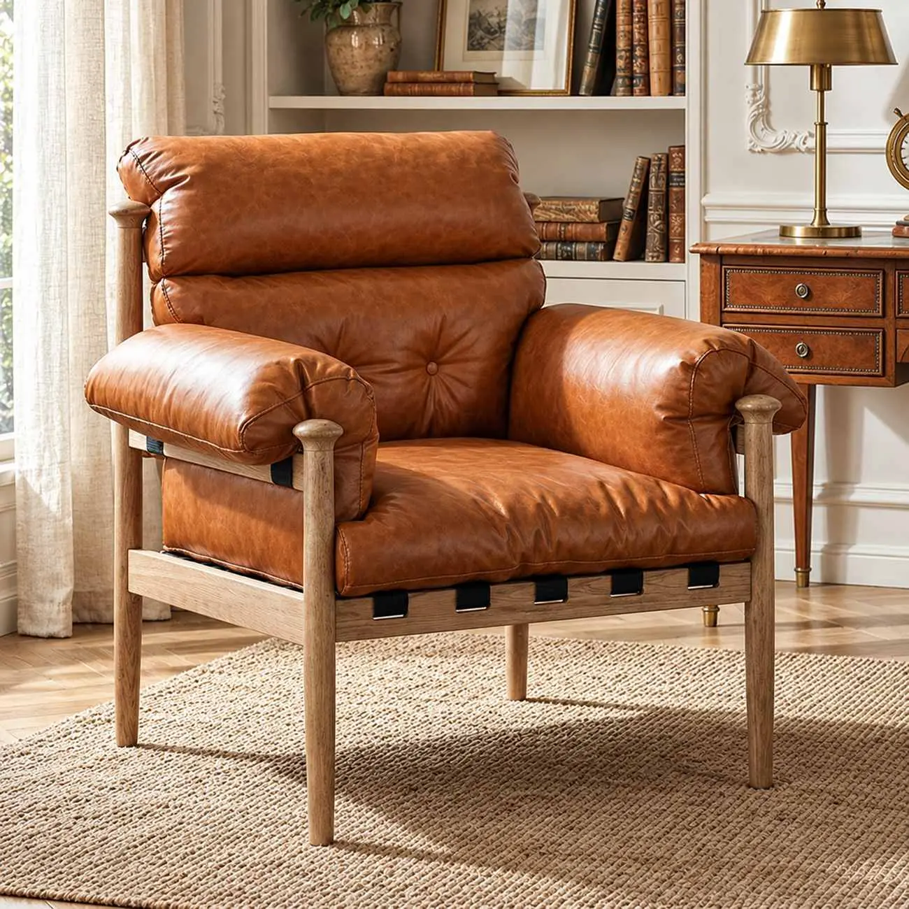 Retro Oil-wax Leather Solid Wood Armchair With Down-filled Cushions Image - 9 | homeyfad