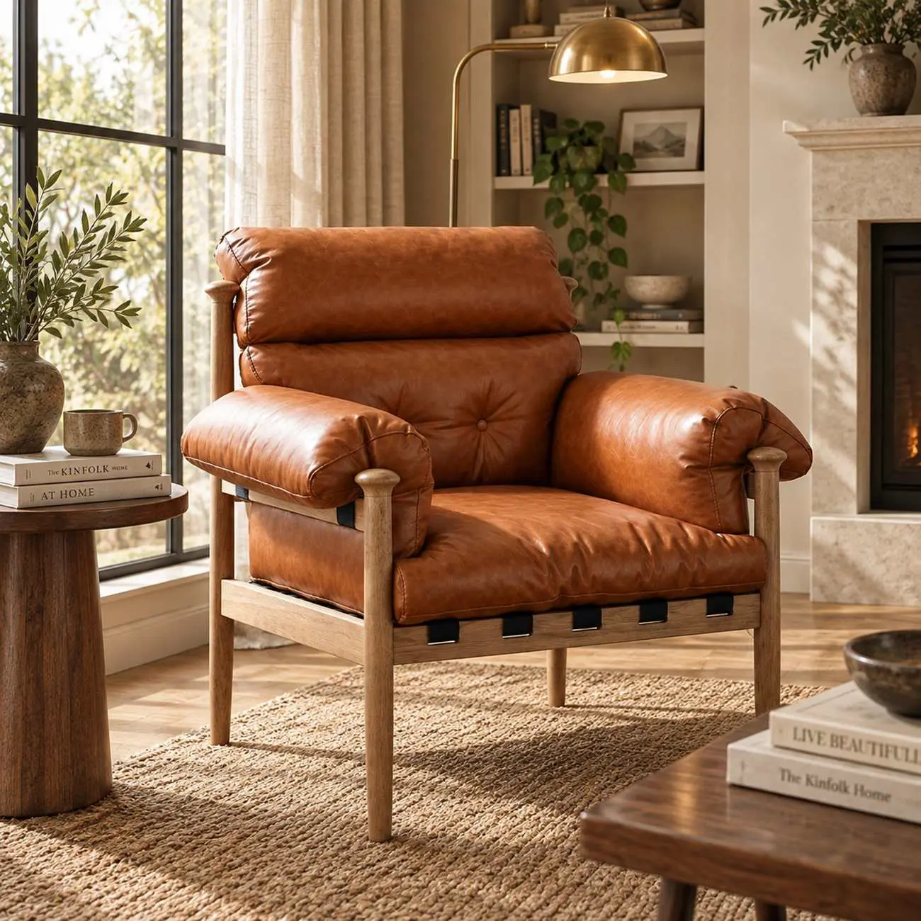 Retro Oil-wax Leather Solid Wood Armchair With Down-filled Cushions Image - 3 | homeyfad