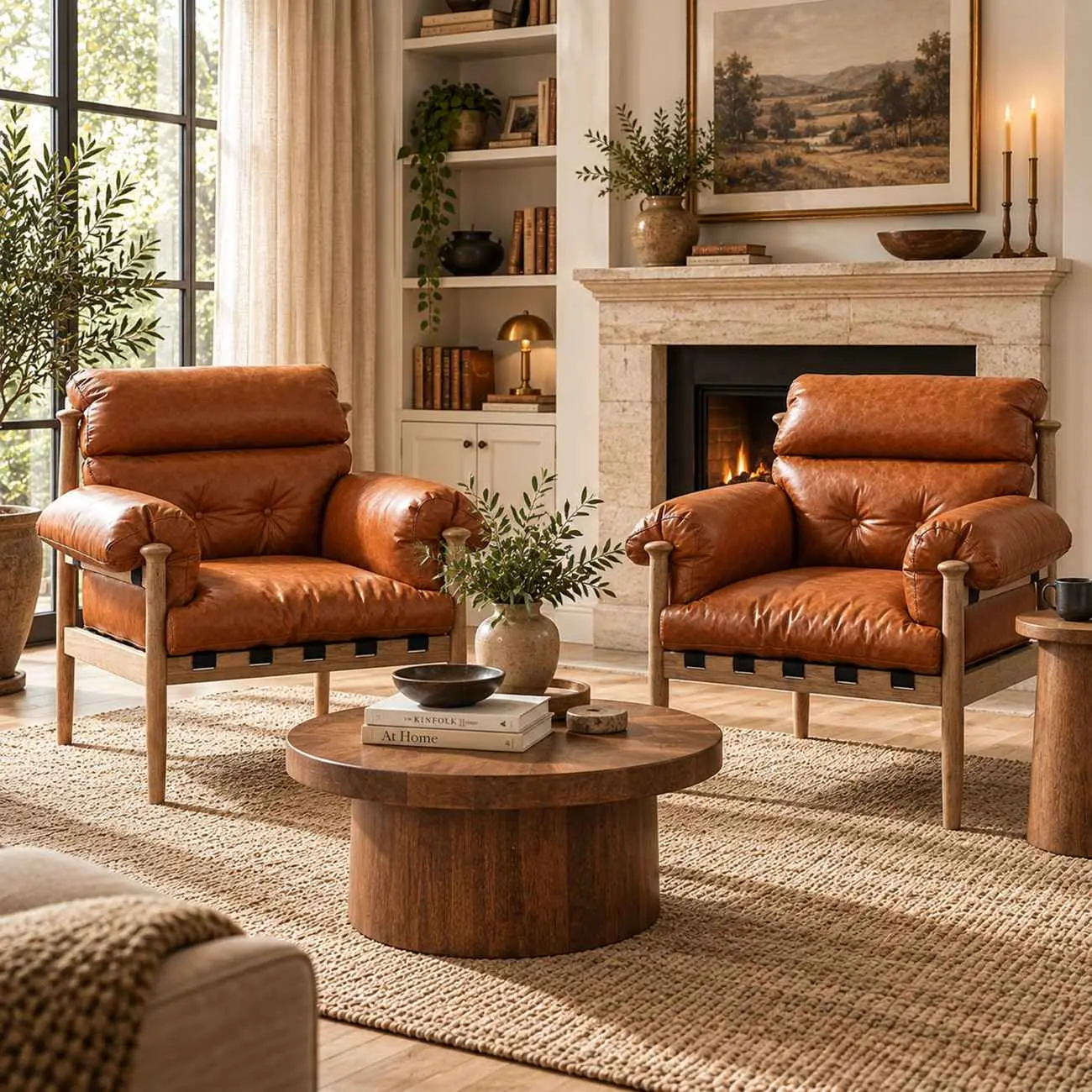 Retro Oil-wax Leather Solid Wood Armchair With Down-filled Cushions Image - 6 | homeyfad