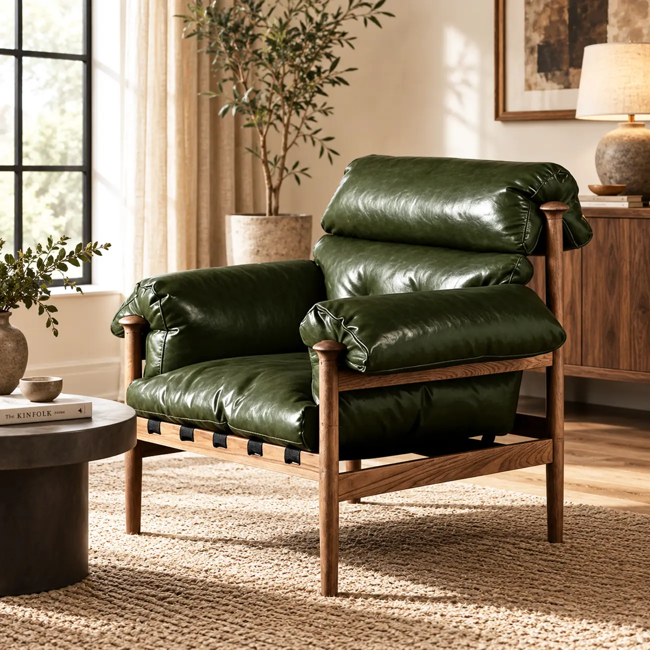Retro Oil-wax Leather Solid Wood Armchair With Down-filled Cushions Image - 1 | homeyfad
