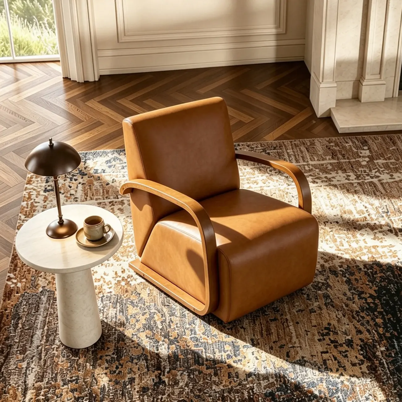 Antique Brown Vintage Brown Faux Leather Swivel Accent Chair with Curved Wood Arms Image - 5 | homeyfad