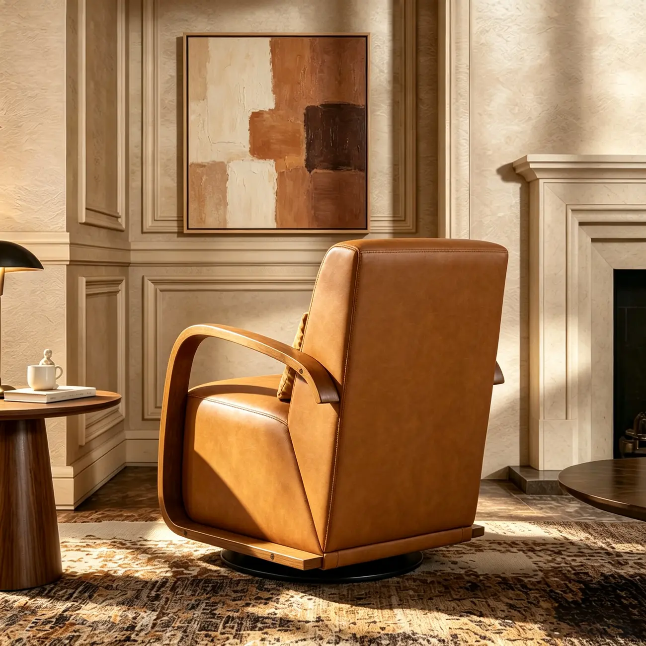 Vintage Brown Faux Leather Swivel Accent Chair with Curved Wood Arms Image - 9 | homeyfad
