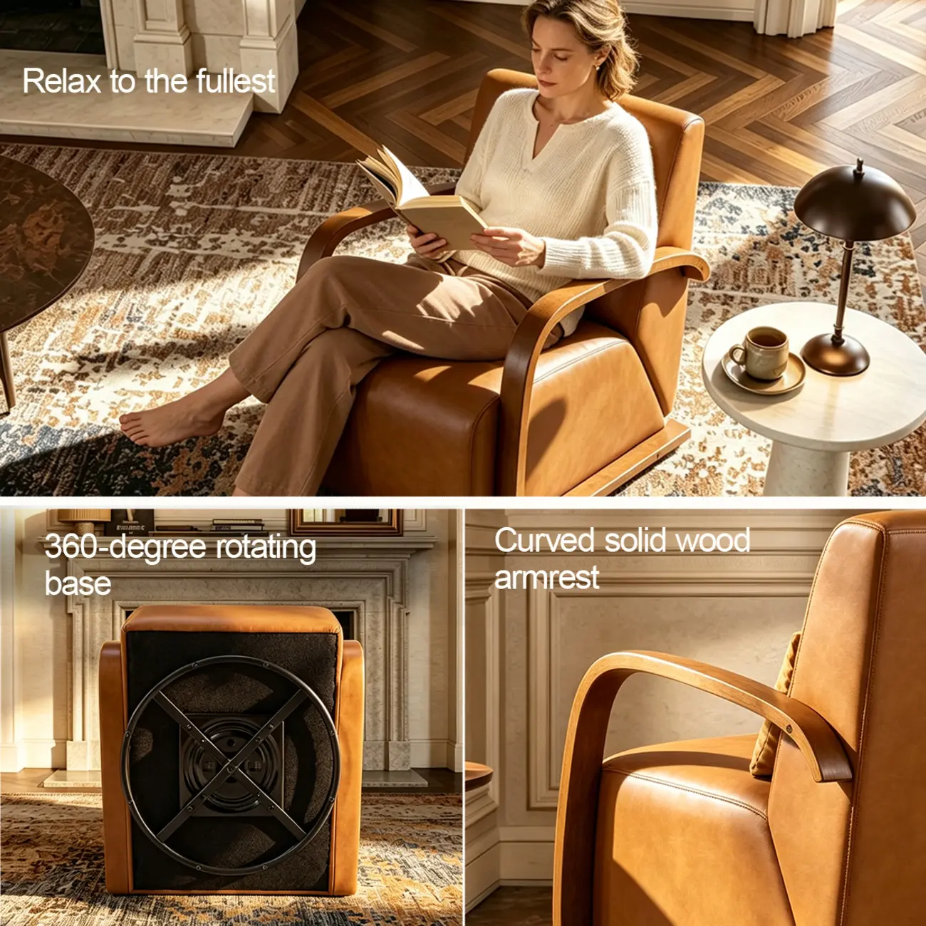 Vintage Brown Faux Leather Swivel Accent Chair with Curved Wood Arms Image - 7 | homeyfad