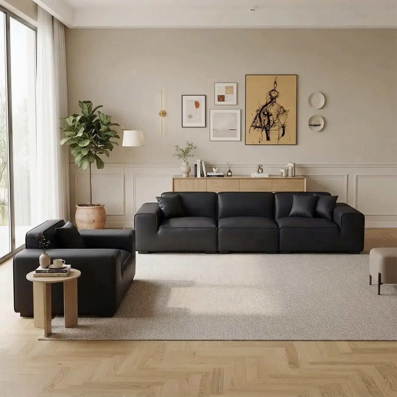 Modern Black Leather Modular Sofa with Extra-Deep Seating Image - 6 | homeyfad