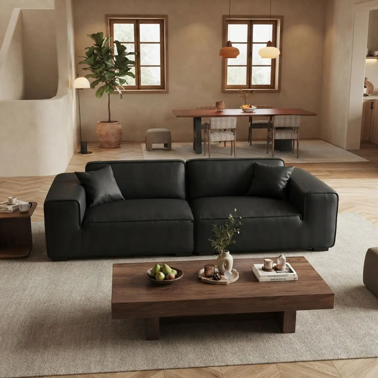 Modern Black Leather Modular Sofa with Extra-Deep Seating Image - 2 | homeyfad