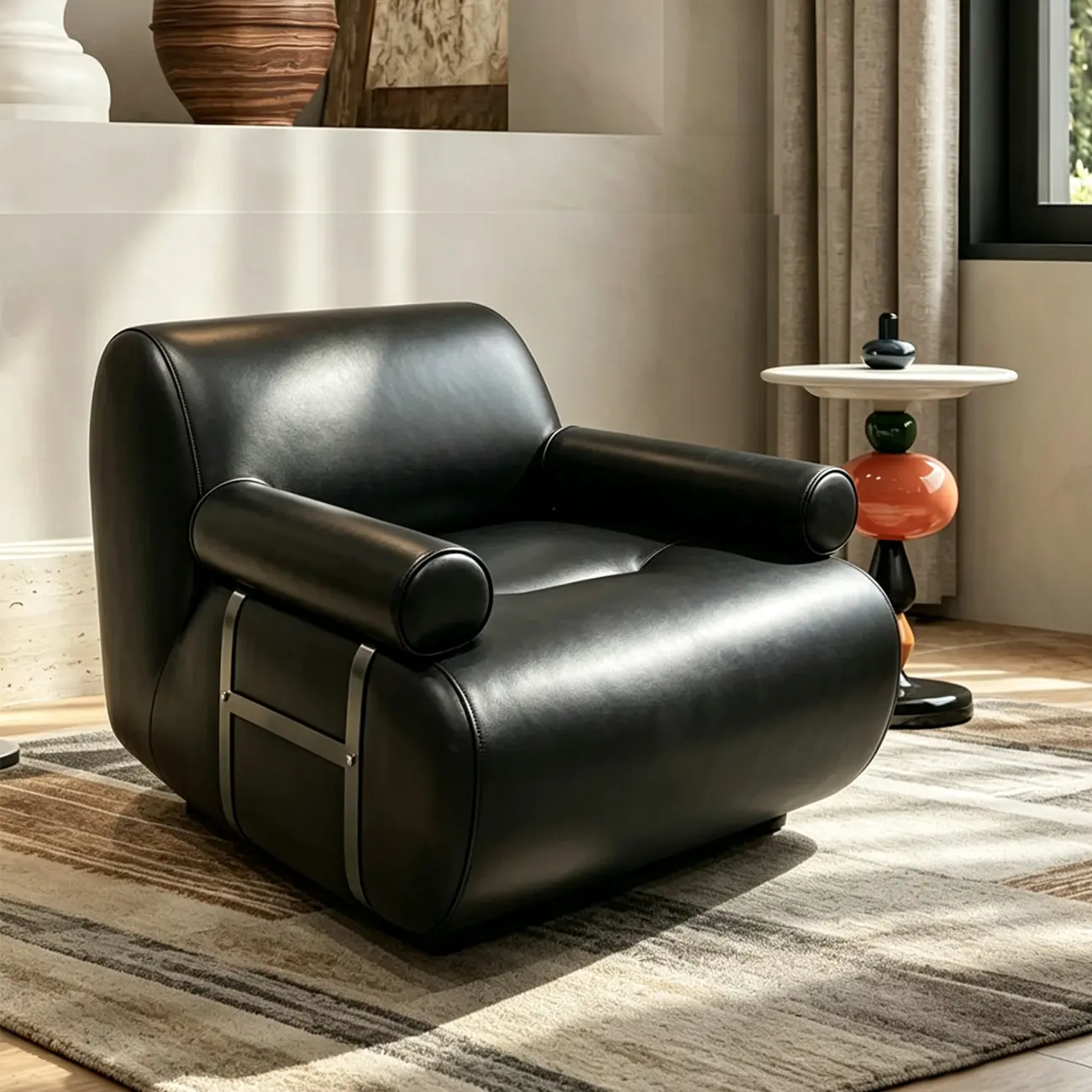 Black Modern Genuine Leather Swivel Lounge Chair With Bolster Arms Image - 1 | homeyfad