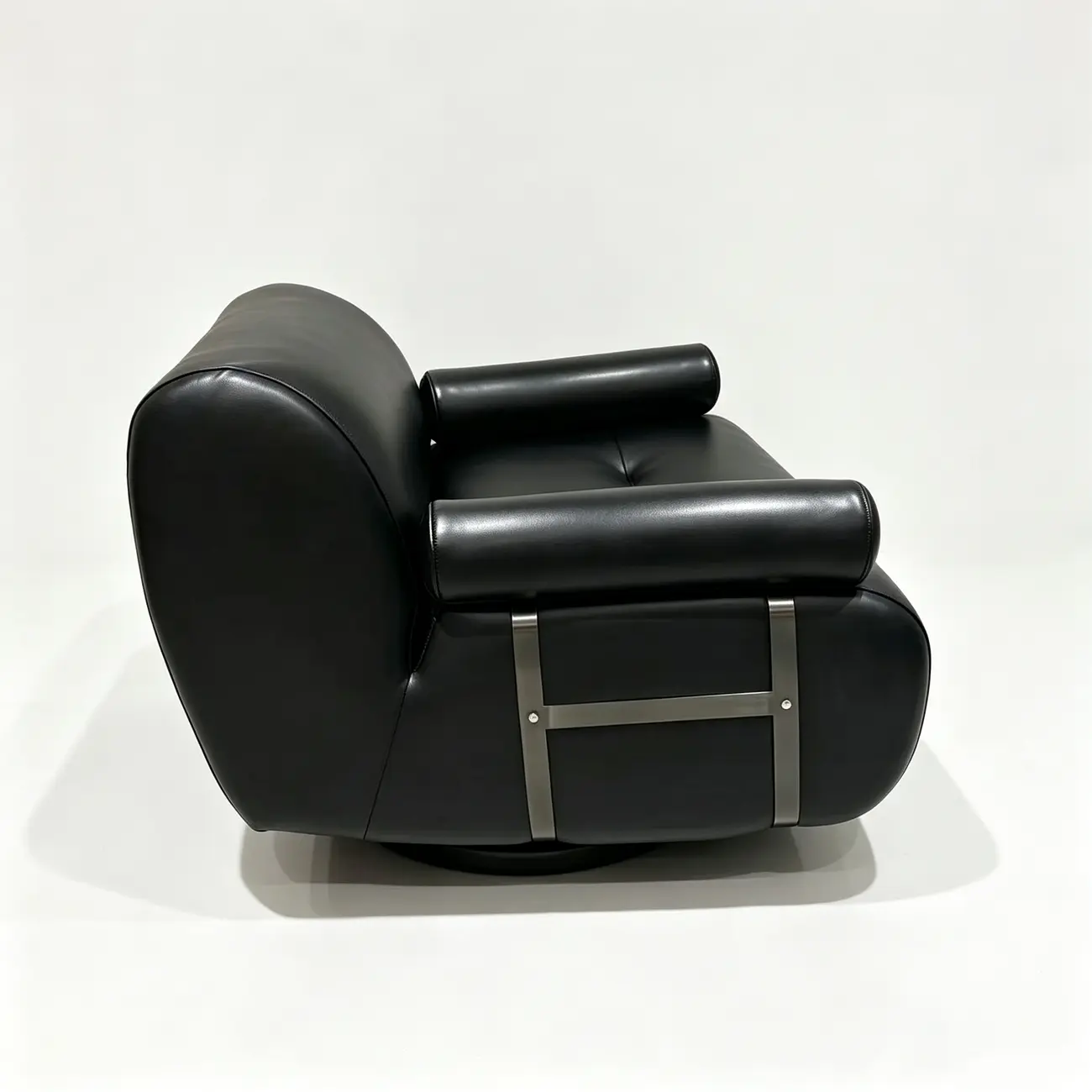 Black Modern Genuine Leather Swivel Lounge Chair With Bolster Arms Image - 14 | homeyfad