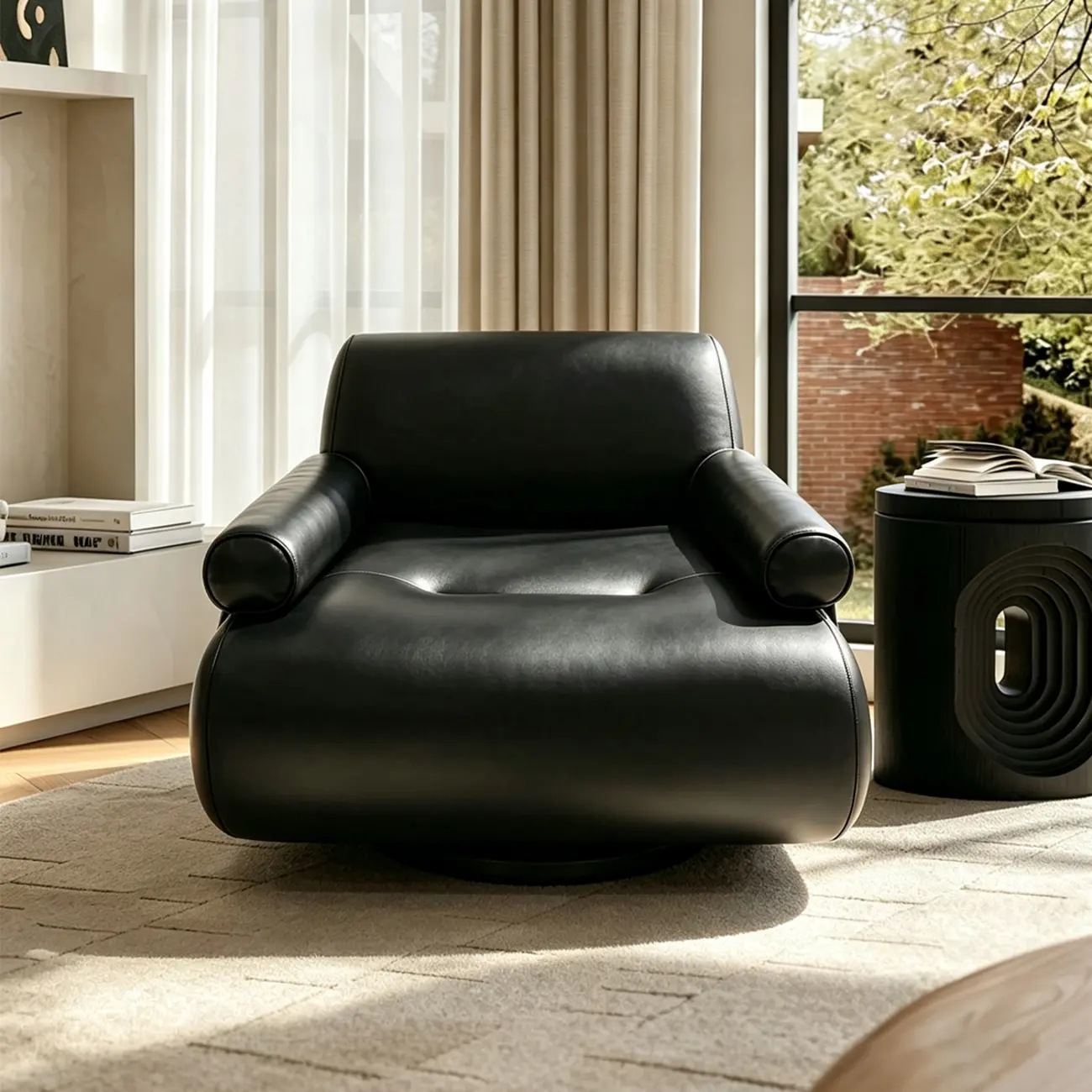 Black Modern Genuine Leather Swivel Lounge Chair With Bolster Arms Image - 11 | homeyfad