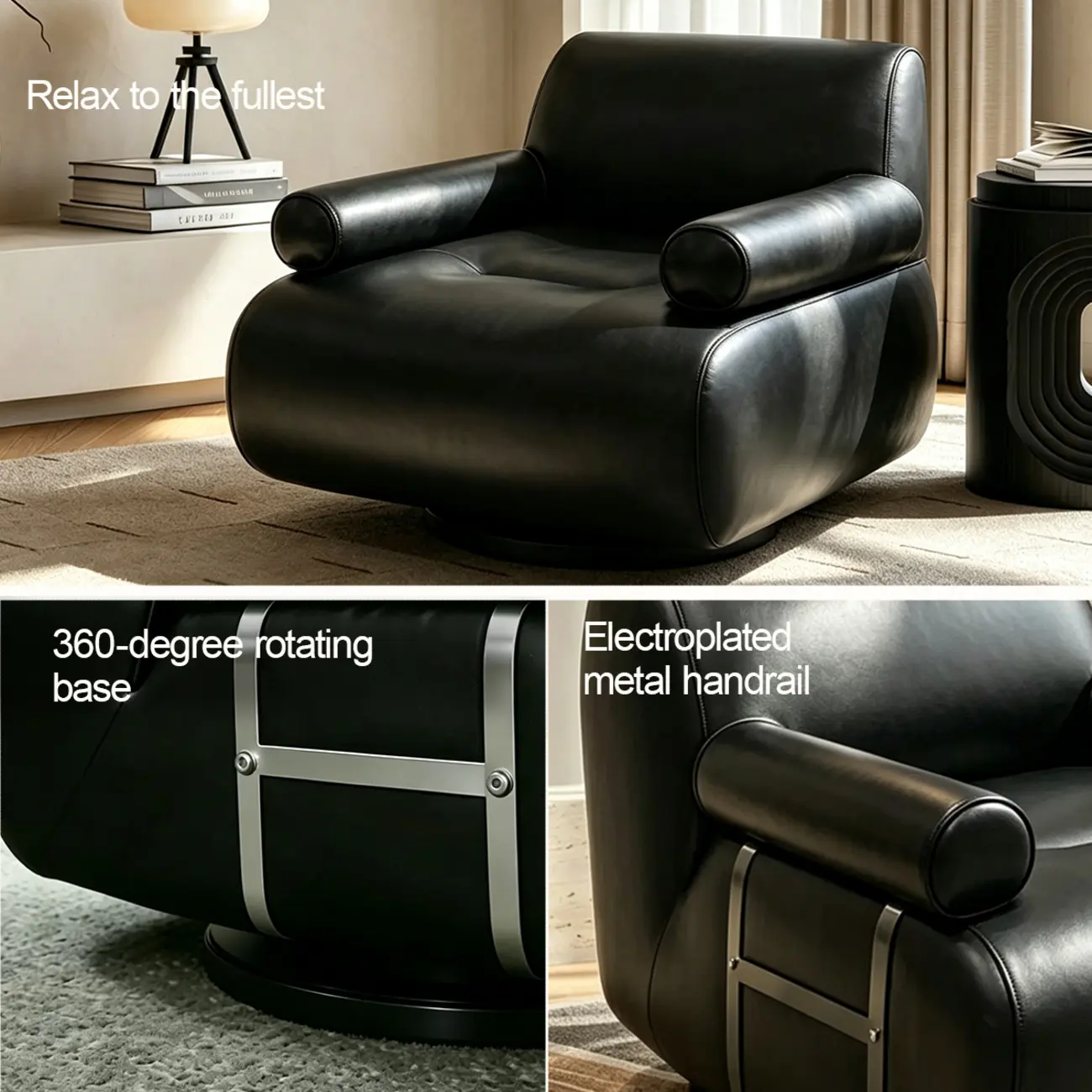 Black Modern Genuine Leather Swivel Lounge Chair With Bolster Arms Image - 6 | homeyfad