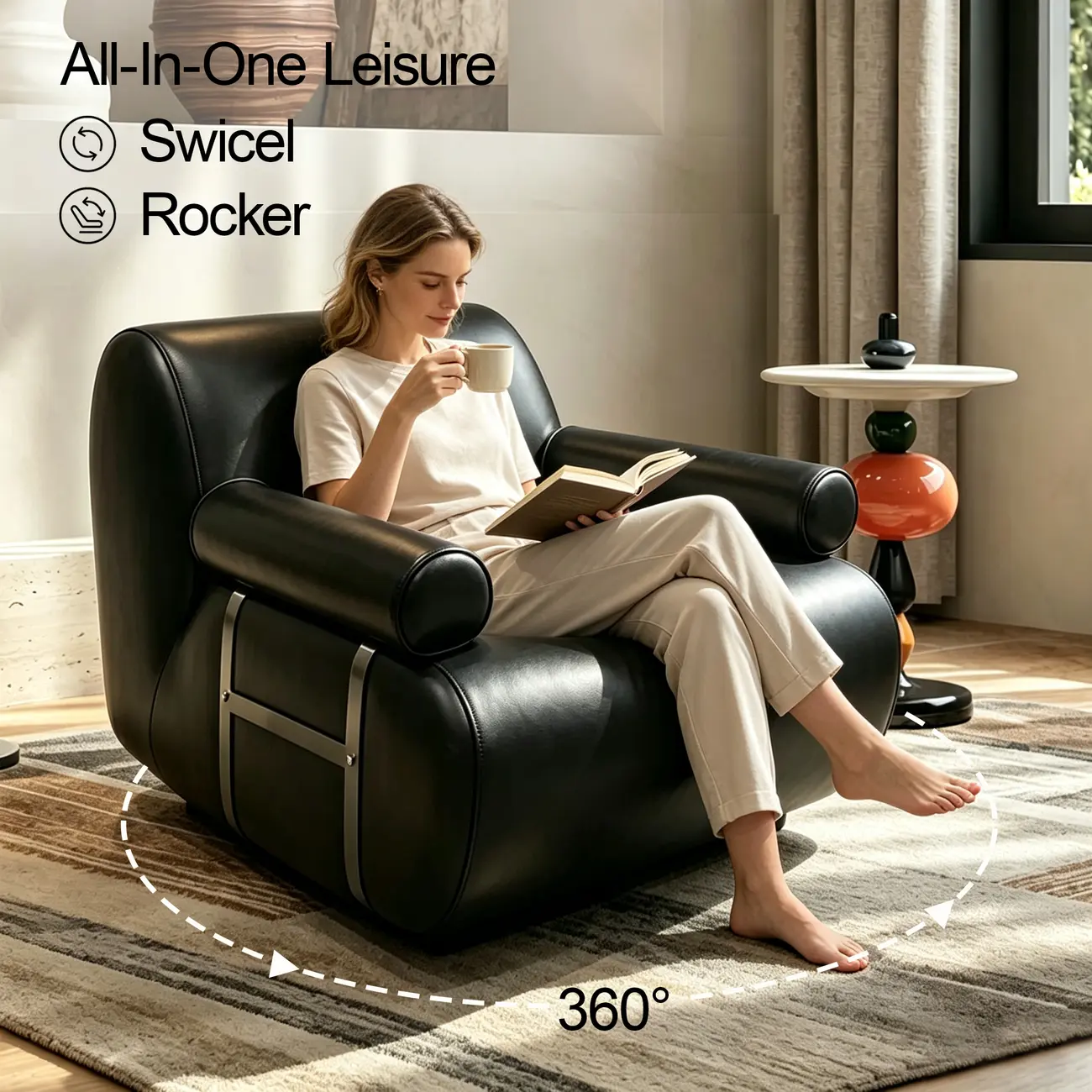 Black Modern Genuine Leather Swivel Lounge Chair With Bolster Arms Image - 4 | homeyfad