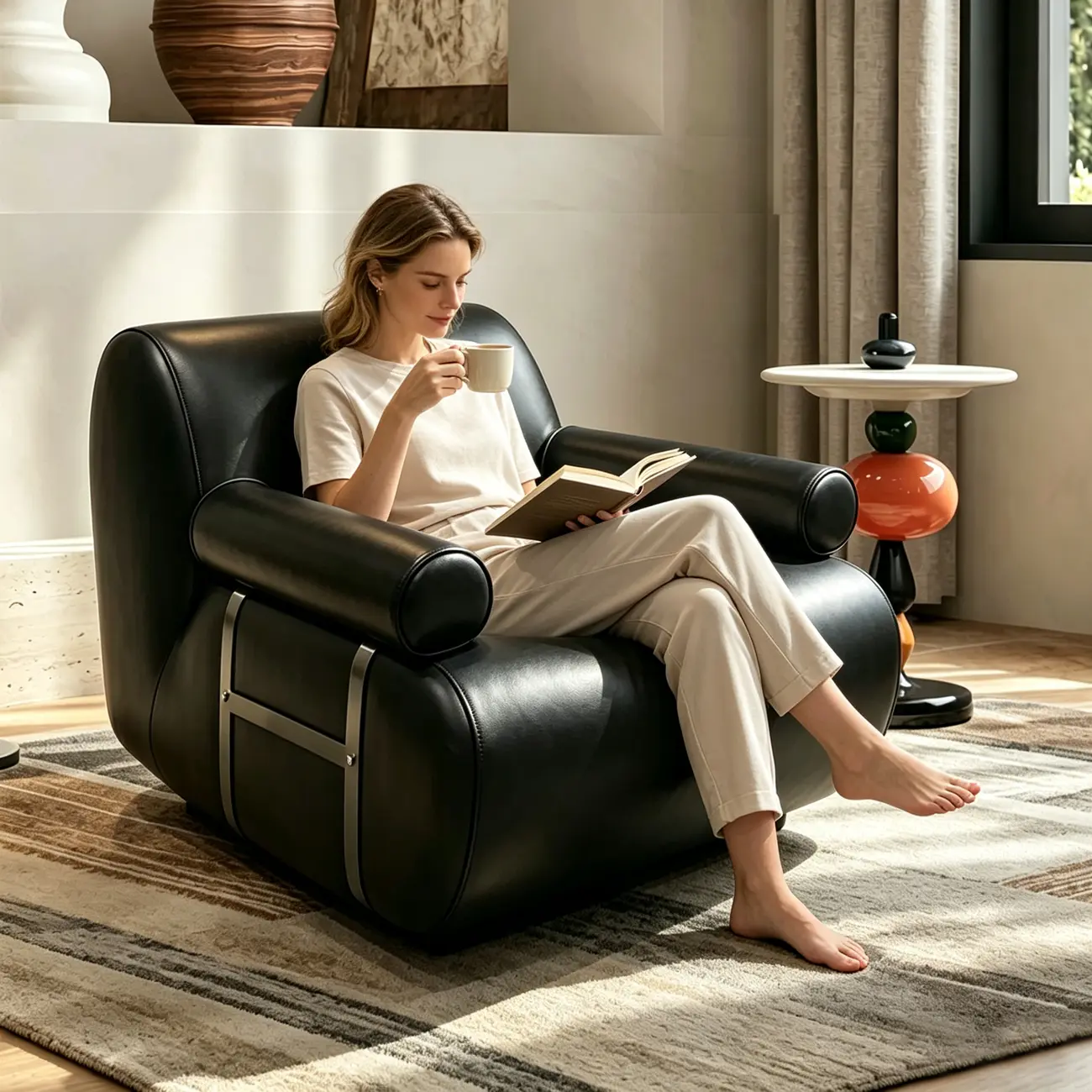 Black Modern Genuine Leather Swivel Lounge Chair With Bolster Arms Image - 3 | homeyfad