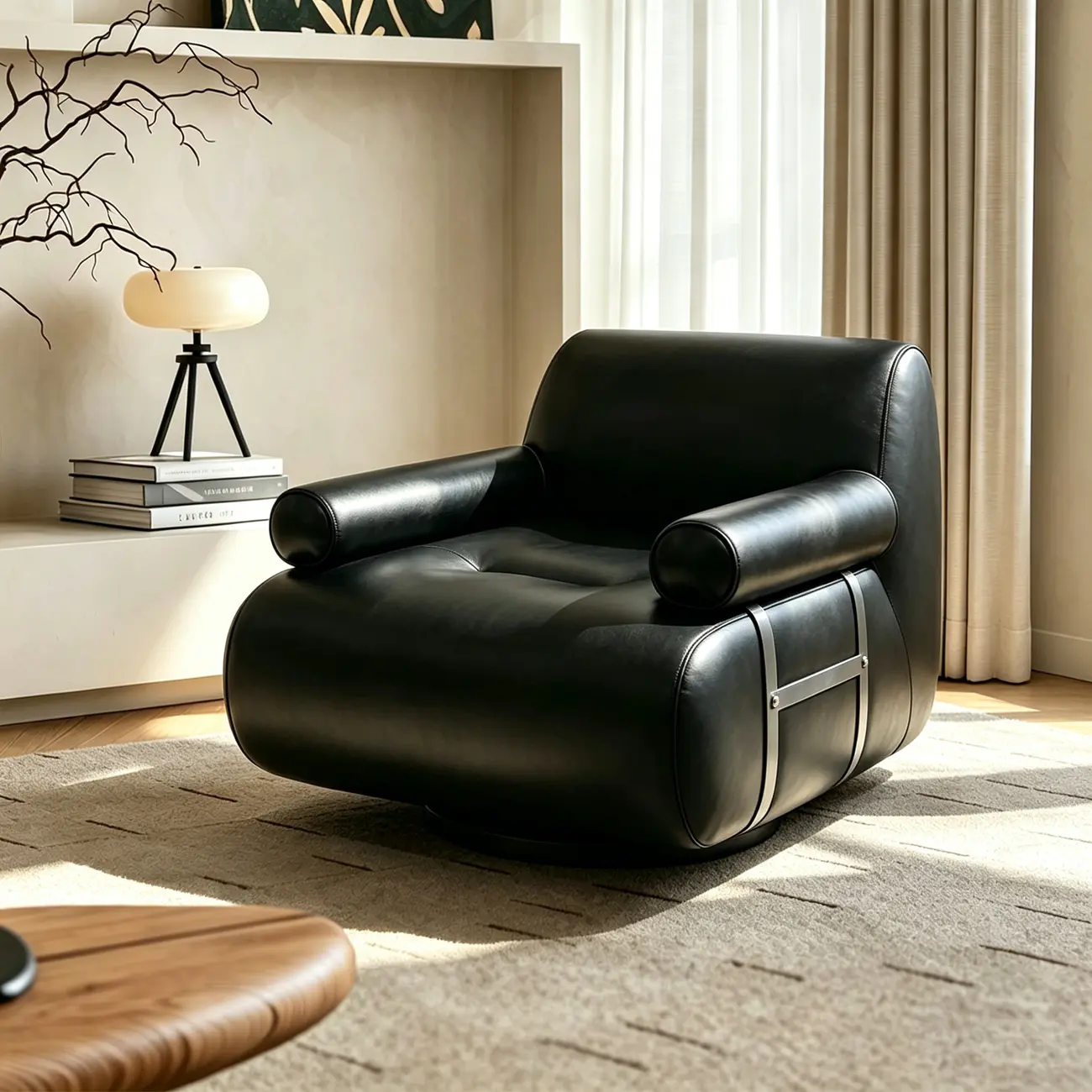 Black Modern Genuine Leather Swivel Lounge Chair With Bolster Arms Image - 9 | homeyfad
