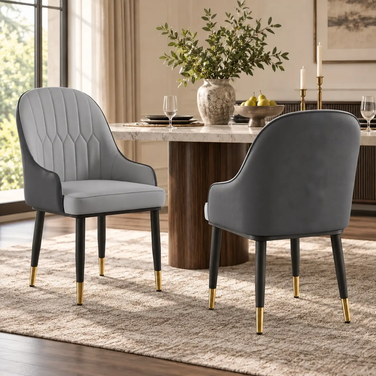 Contemporary Leather Solid Back Dining Chair With Arms Image - 7 | homeyfad