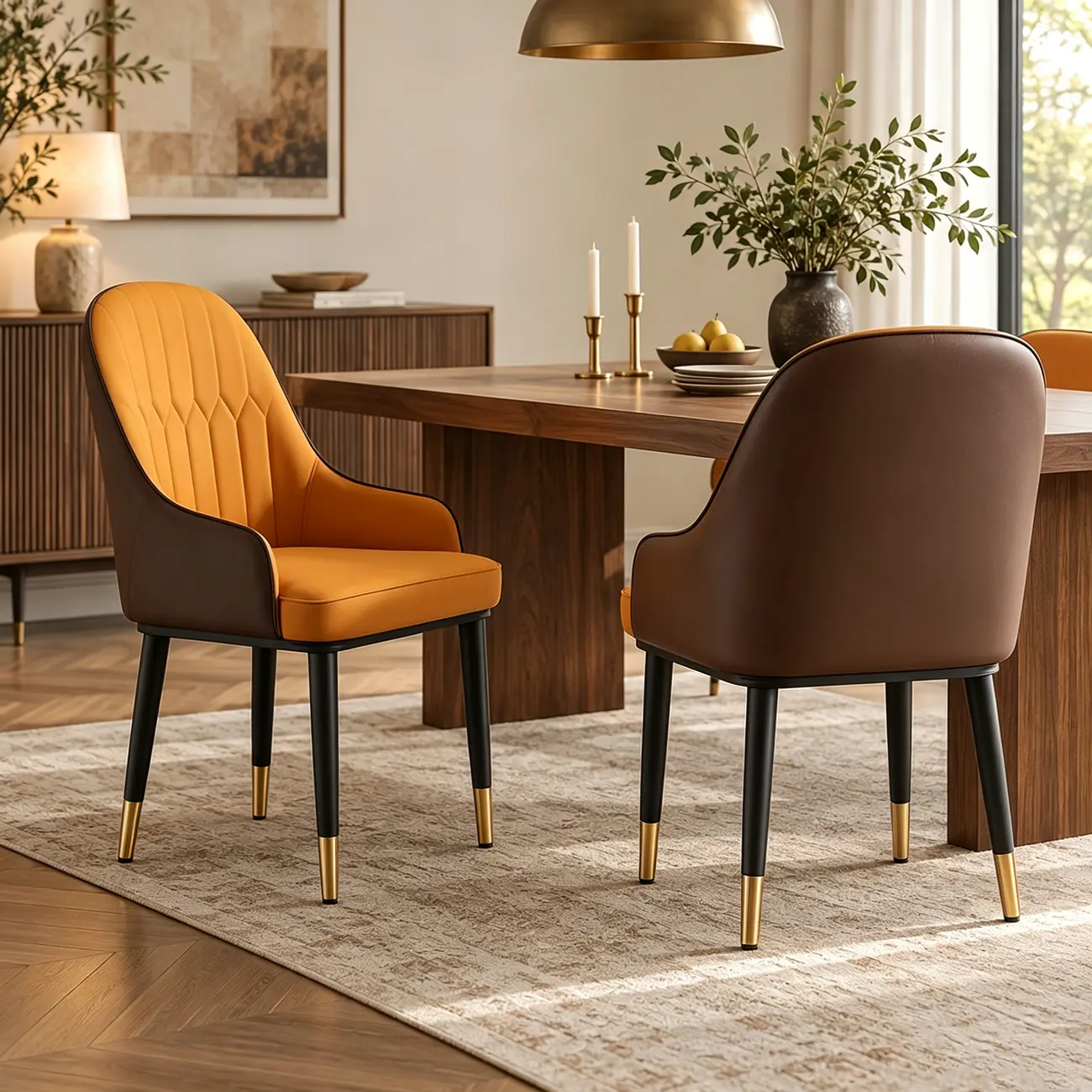 Contemporary Leather Solid Back Dining Chair With Arms Image - 9 | homeyfad