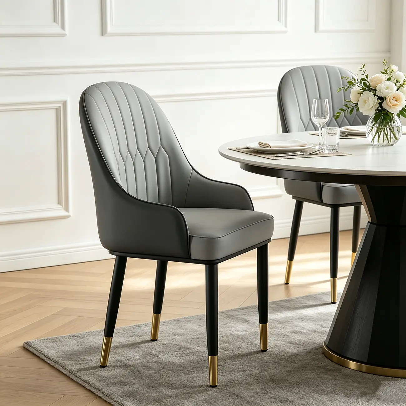 Contemporary Leather Solid Back Dining Chair With Arms Image - 10 | homeyfad