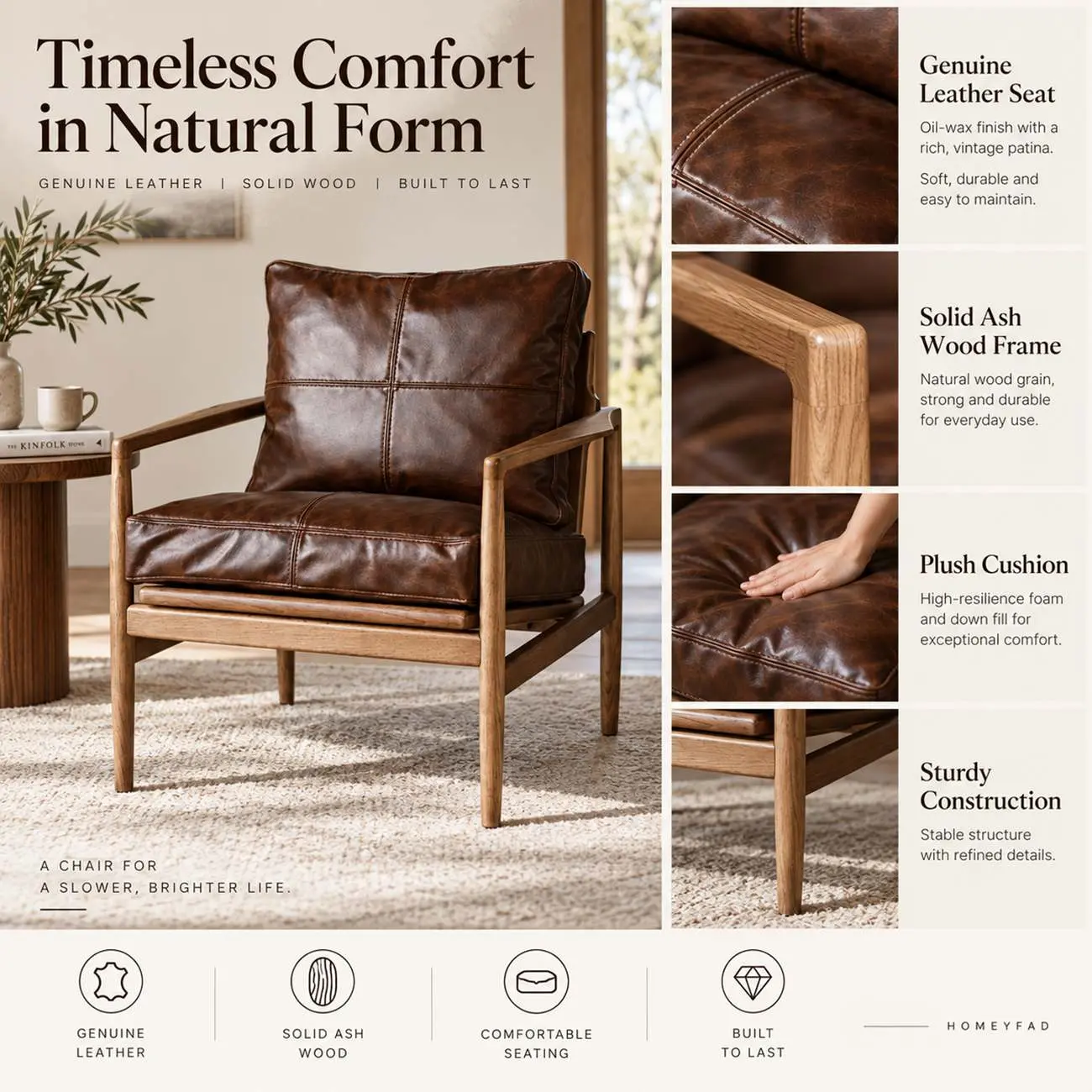 Leather Armchair with Wooden Armrest for Living Room Image - 4 | homeyfad