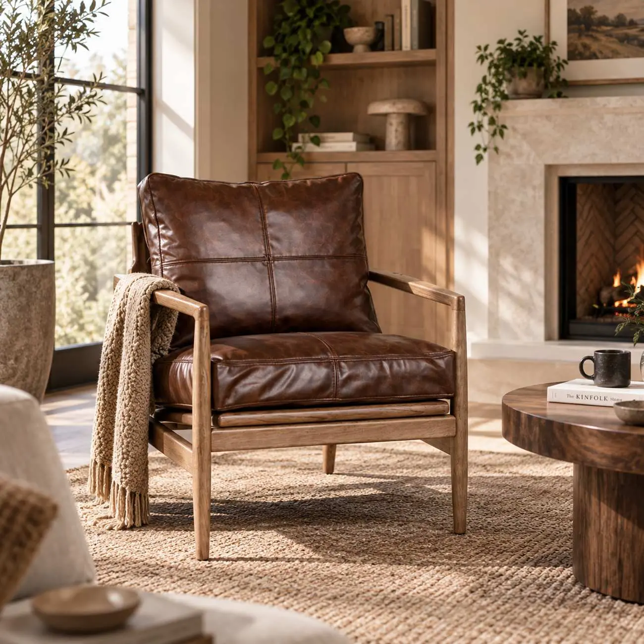 Leather Armchair with Wooden Armrest for Living Room | homeyfad