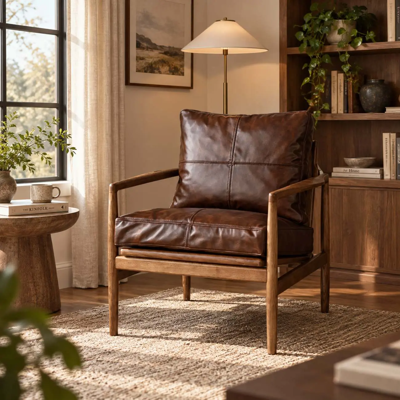 Leather Armchair with Wooden Armrest for Living Room Image - 9 | homeyfad