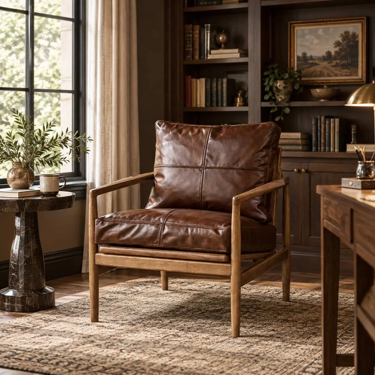 Leather Armchair with Wooden Armrest for Living Room Image - 3 | homeyfad