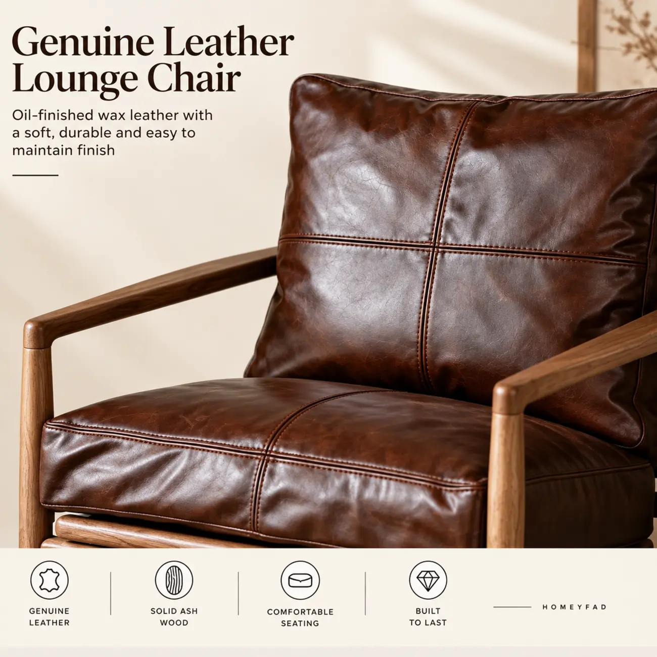 Leather Armchair with Wooden Armrest for Living Room Image - 5 | homeyfad