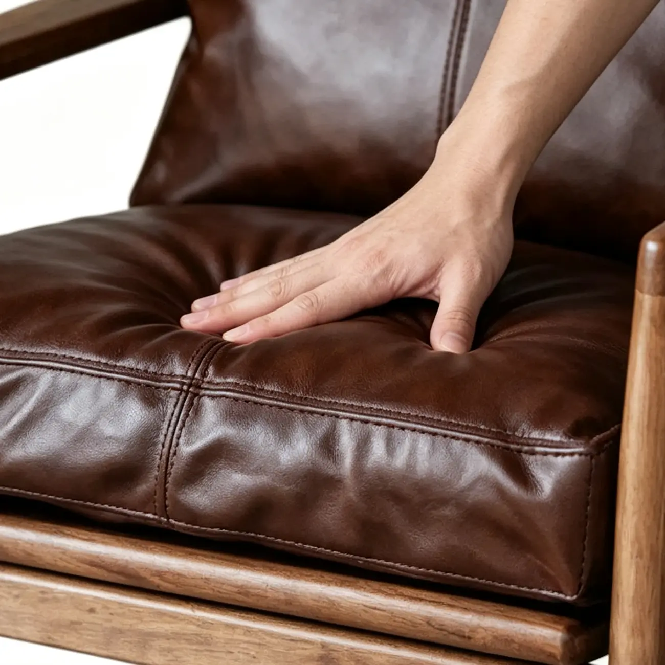 Leather Armchair with Wooden Armrest for Living Room Image - 6 | homeyfad