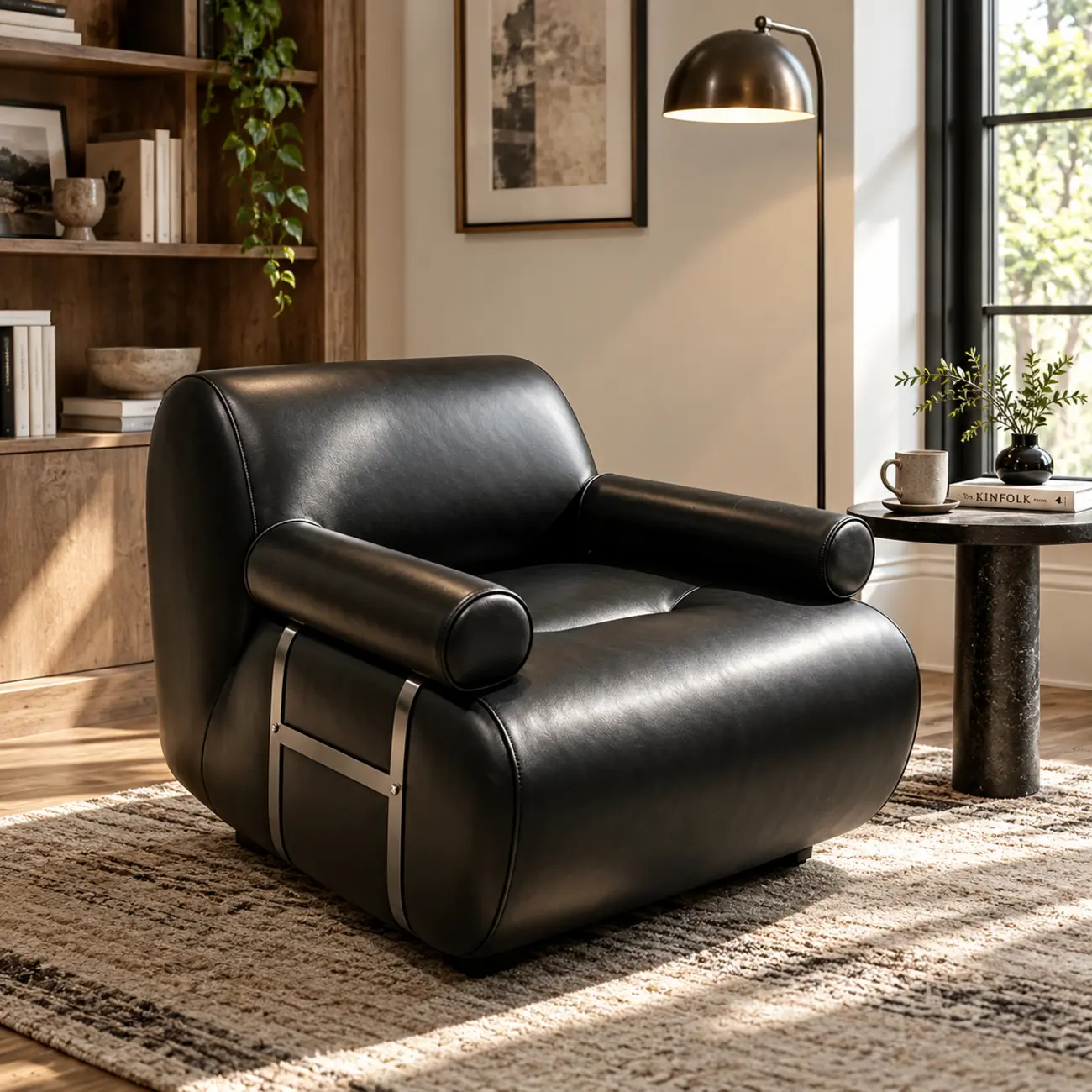 Black Modern Genuine Leather Swivel Lounge Chair With Bolster Arms Image - 8 | homeyfad