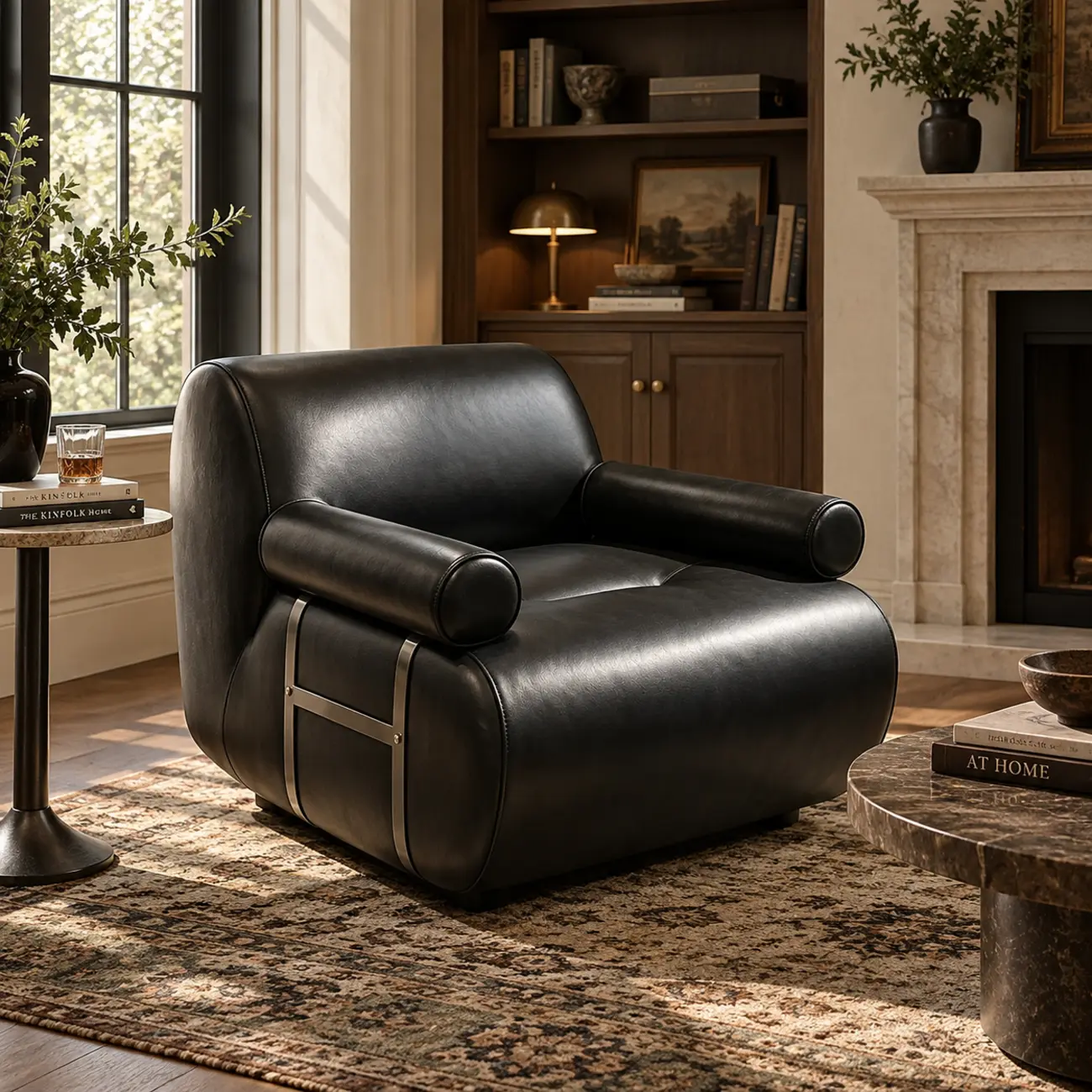 Black Modern Genuine Leather Swivel Lounge Chair With Bolster Arms Image - 10 | homeyfad