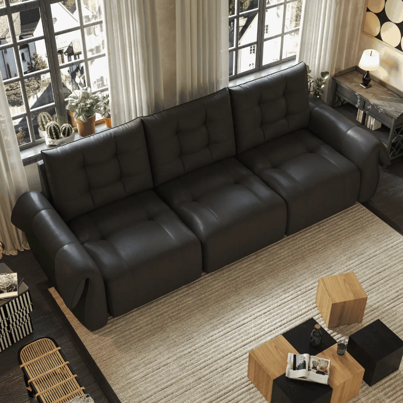 Modern Tufted Top-Grain Leather Power Sofa Bed with Extended Seat Depth Image - 6