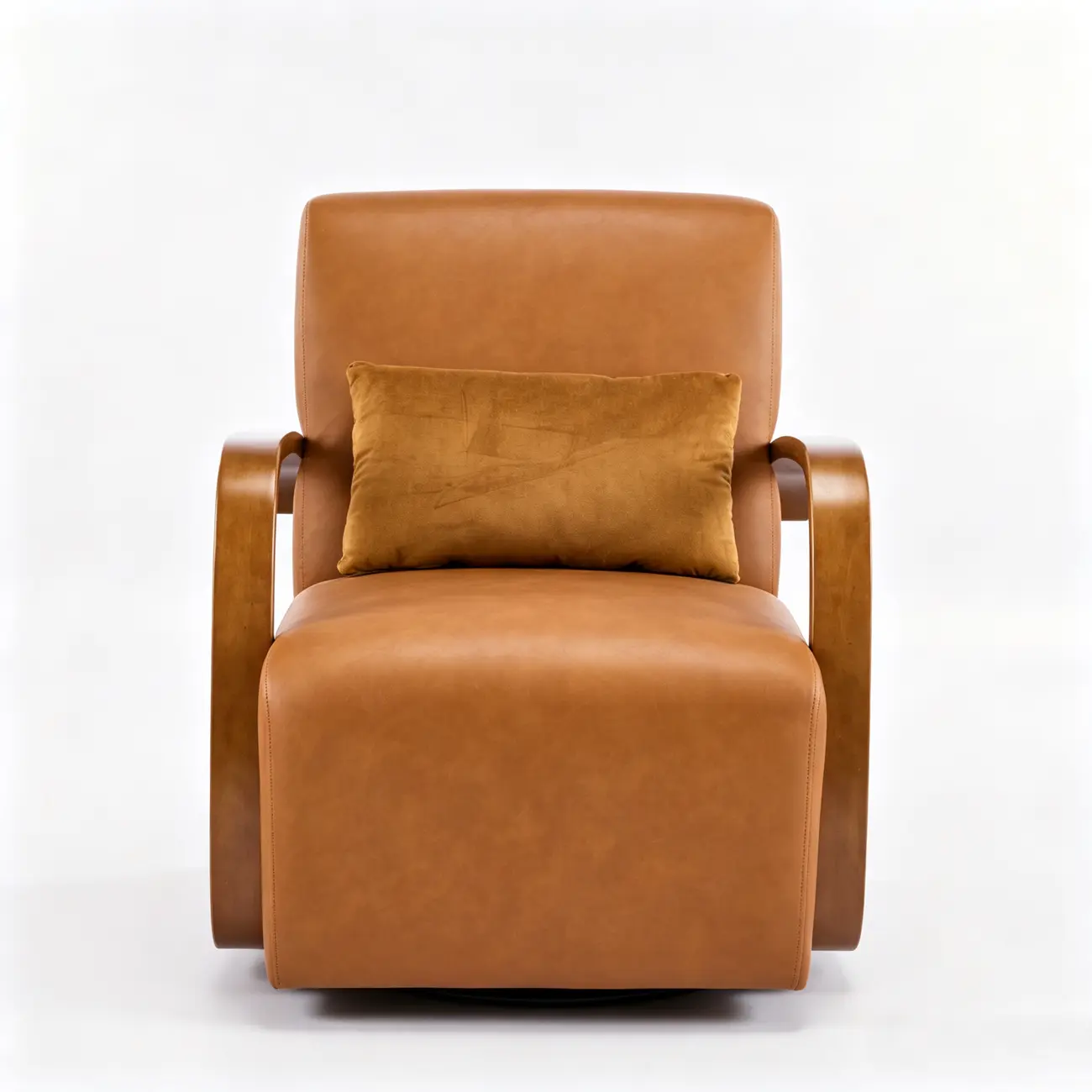 Vintage Brown Faux Leather Swivel Accent Chair with Curved Wood Arms Image - 14 | homeyfad