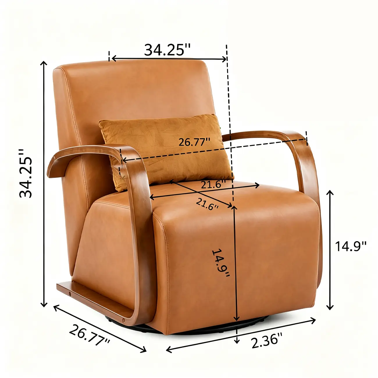 Vintage Brown Faux Leather Swivel Accent Chair with Curved Wood Arms Image - 16 | homeyfad