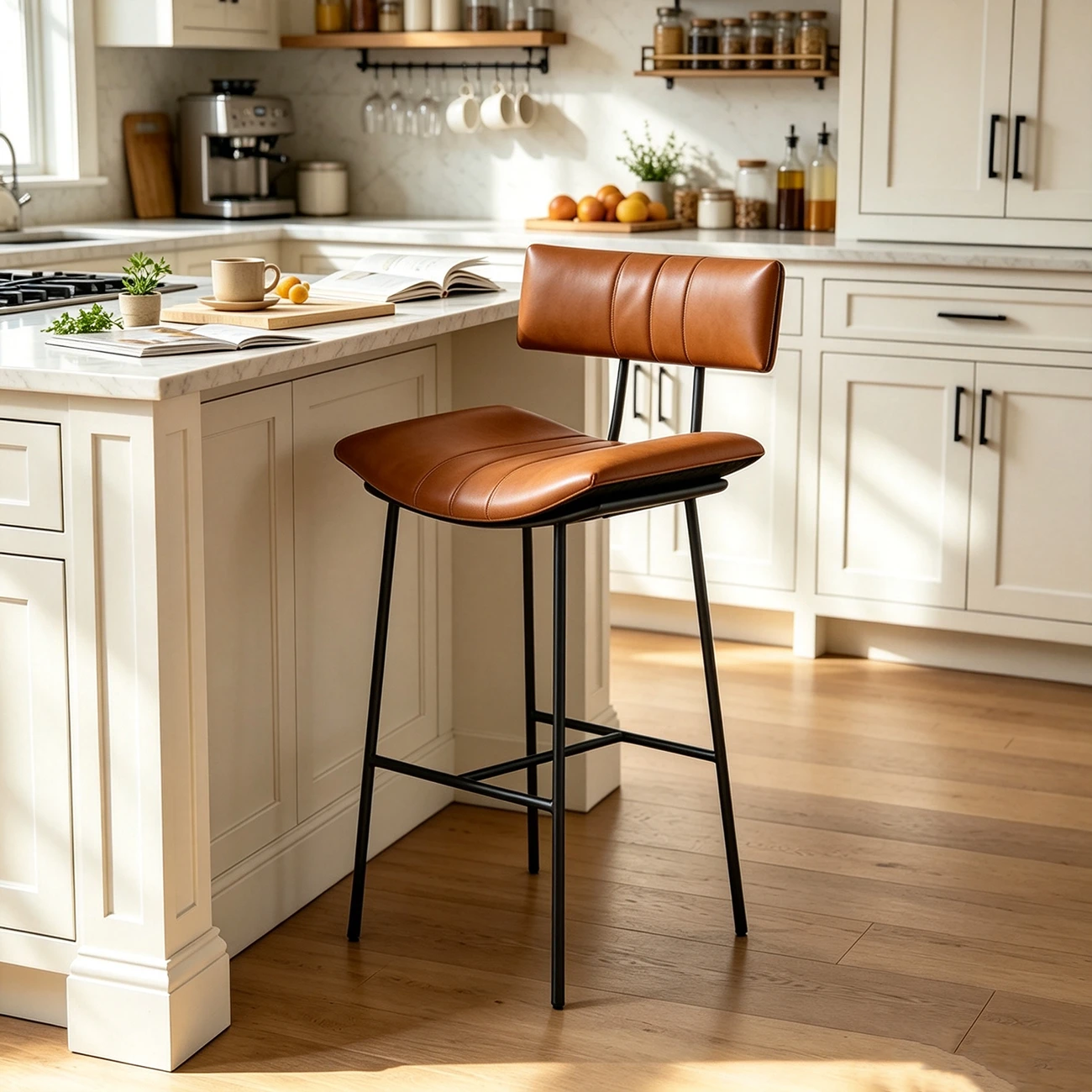 Mid-century Modern Curved Faux Leather Counter Stool With Backrest Image - 8 | homeyfad